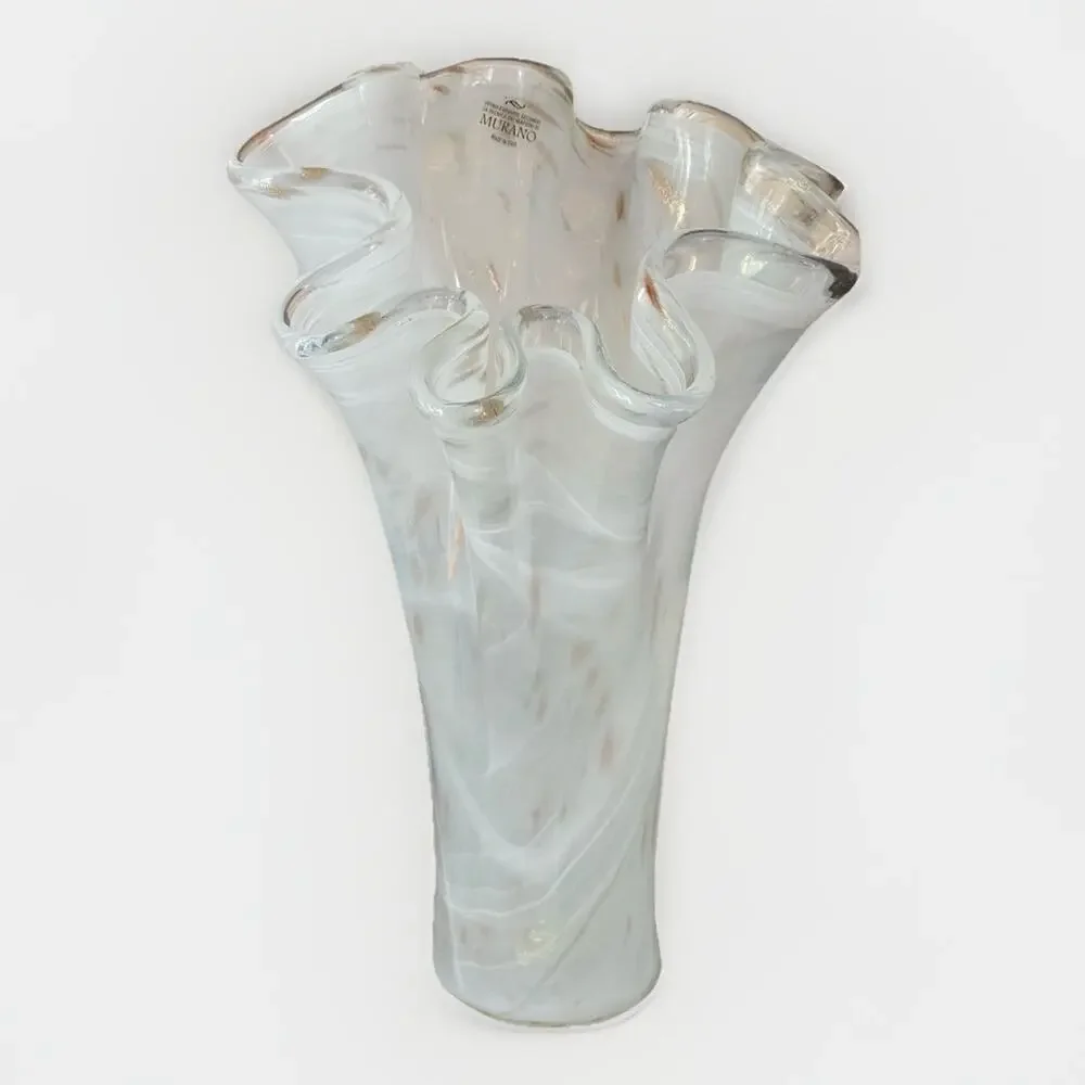 Vintage Murano Art Glass Whit Swirl & Copper Flecks Handkerchief Vase MCM Italy